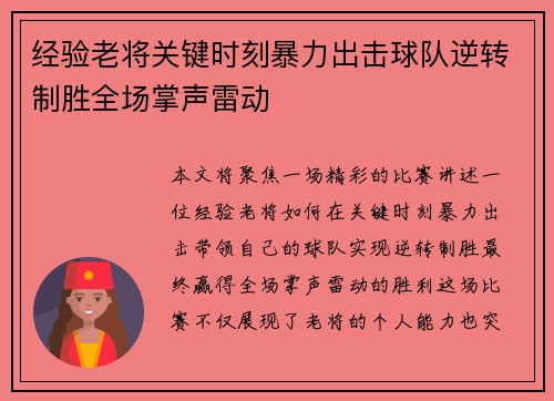 经验老将关键时刻暴力出击球队逆转制胜全场掌声雷动