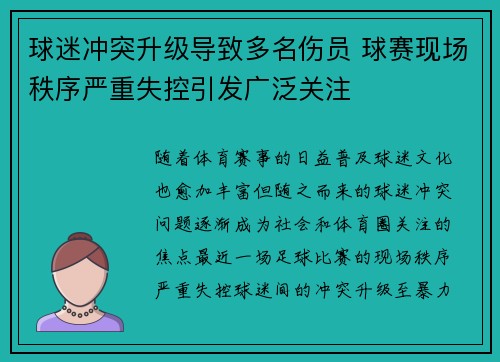球迷冲突升级导致多名伤员 球赛现场秩序严重失控引发广泛关注