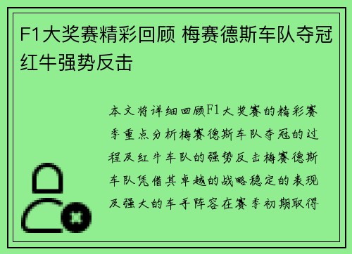 F1大奖赛精彩回顾 梅赛德斯车队夺冠红牛强势反击